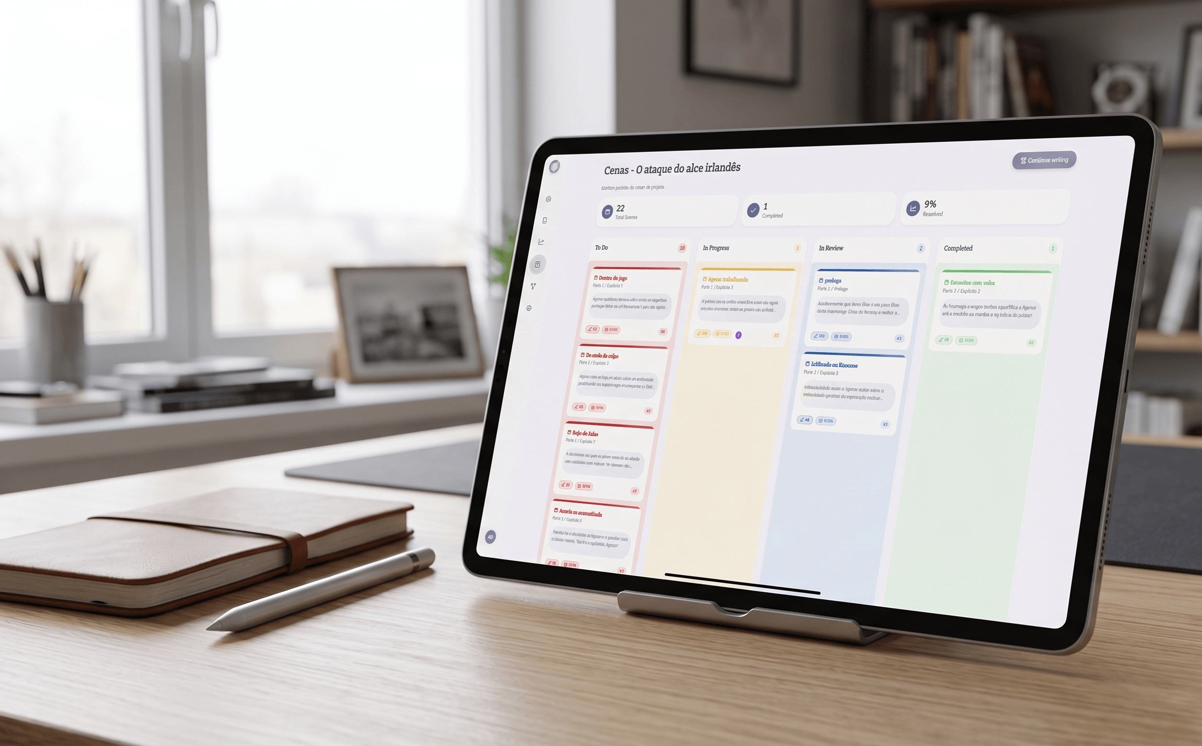 Aurora Kanban board organizing scenes and chapters